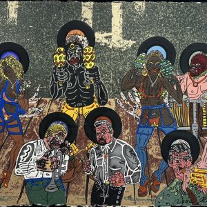 Robert COMBAS (1957). Les Musiciens. Lithographie au Carborundum et rehausse de glitter.