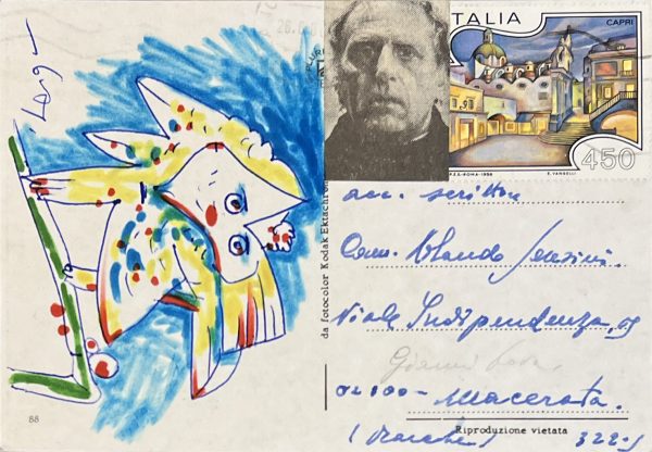 Enrico Baj ; dessin original ; feutres de couleurs ; carte postale